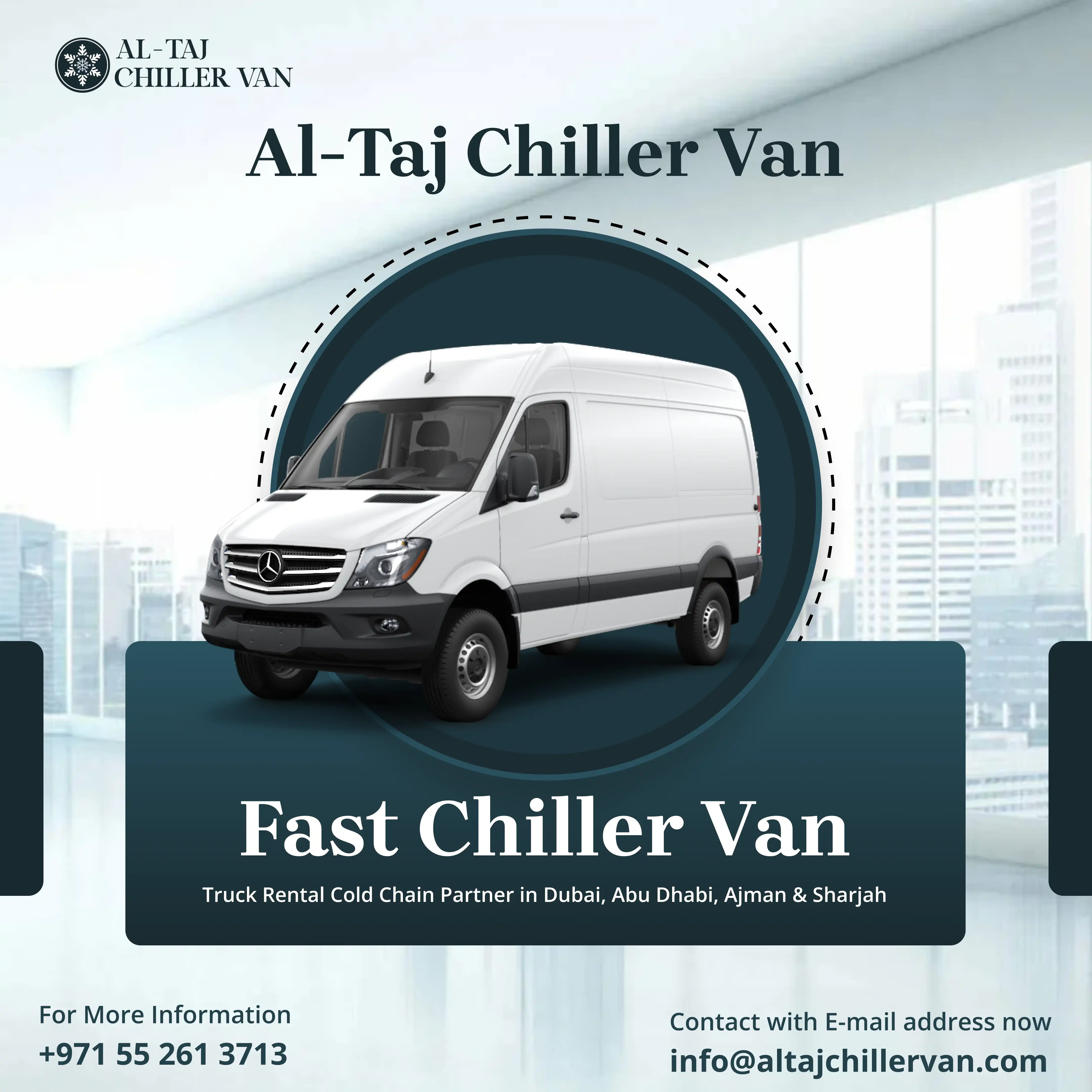 Fast chiller van parked indoors, perfect for temperature-sensitive deliveries across Dubai, Abu Dhabi, Ajman, and Sharjah with reliable refrigerated truck rental services.